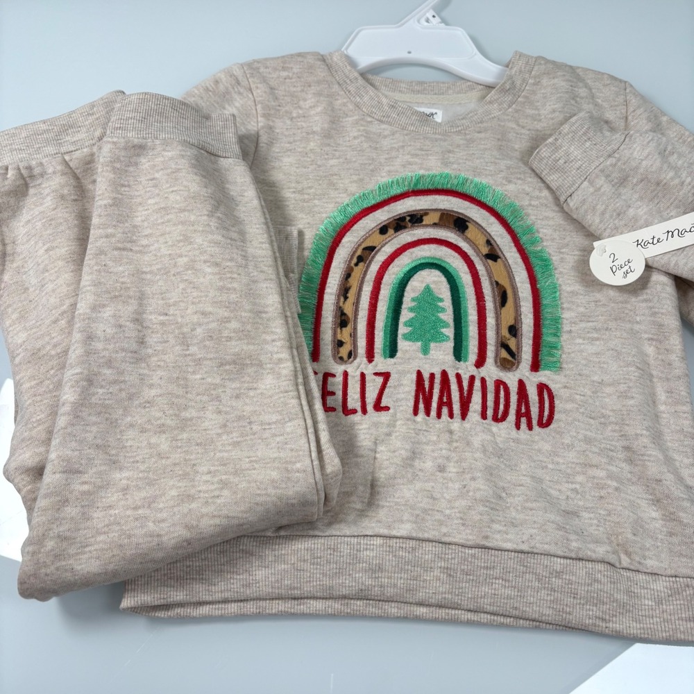 Kate Mack Girls Size 6 Oatmeal Feliz Navidad Rainbow Fleece Jogger Set Excellent